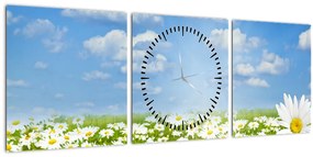 Tablou cu luncă înflorită cu margarete (cu ceas) (90x30 cm)