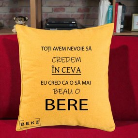 Perna Decorativa Eu Cred ca mai Beau o Bere, 40x40 cm, Galben, Husa Detasabila, Perna Inclusa, BEKZ®