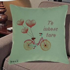 Perna Decorativa Te Iubesc Tare cu Bicicleta Roz si Baloane Inima, 40x40 cm, Verde, Husa Detasabila, Perna Inclusa, BEKZ®
