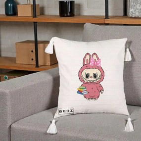 Perna Personalizata Labubu Roz cu Funda si Carti, 40x40 cm, Bej cu Franjuri, Husa Detasabila, Perna Inclusa, BEKZ®