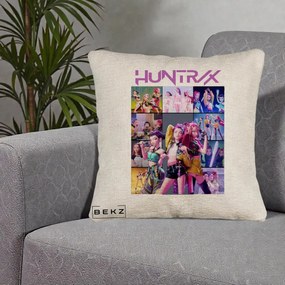 Perna Personalizata K-pop HUNTRX Colaj Animat Foto Grup, 40x40 cm, Bej Canapea, Husa Detasabila, Perna Inclusa, BEKZ®