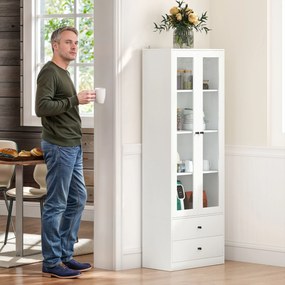 HOMCOM Mobilier de depozitare modern cu dulap cu uși din sticlă, rafturi reglabile și 2 sertare, 59 x 30 x 164 cm, alb | Aosom Romania
