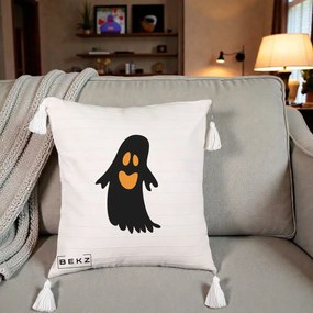 Perna Decorativa Halloween Fantoma Neagra cu Ochi Portocalii, 40x40 cm, Bej cu Franjuri, Husa Detasabila, Perna Inclusa, BEKZ®