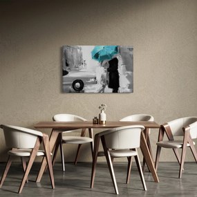 Tablou - Cuplu în dragoste cu umbrelă, albastru (90x60 cm)