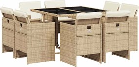 vidaXL Set de masă pentru grădină, 9 piese, cu perne, bej, poliratan