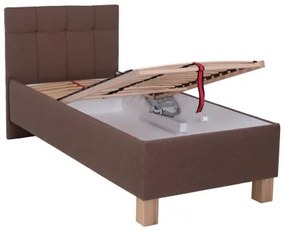 Pat tapițat MARIA ONE 90x200 cm, cu saltea și spațiu de depozitare, maro