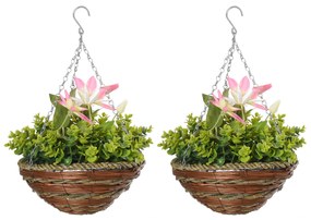 Outsunny Set din 2 plante artificiale clematic, cu cuier si lant pentru agatare, Ф30 x 32 cm, frunze verzi, flori albe si rosii | Aosom Romania