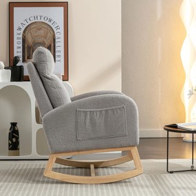 Scaun balansoar modern din material Teddy, cu șezut căptușit și buzunar lateral ascuns, pentru living și dormitor, 71x88x104,5 cm, Gri deschis