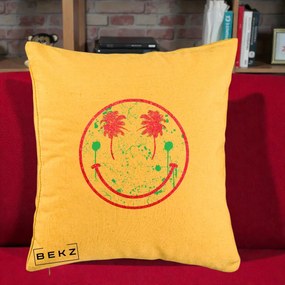 Perna Decorativa Smiley Face Tropical Glitter Roz, 40x40 cm, Galben, Husa Detasabila, Perna Inclusa, BEKZ®