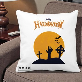 Perna Decorativa Happy Halloween Cimitir cu Luna, 40x40 cm, Alba Mata, Husa Detasabila, Perna Inclusa, BEKZ®