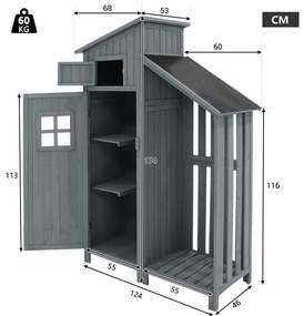 Dulap de grădină cu 2 rafturi, magazie de unelte cu spațiu de depozitare mare, 124L x 46P x 174Î cm, Gri