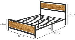 HOMCOM Cadru de Pat Single din Lemn și Oțel 140x200cm, Sipci, Tetieră Stil Industrial, Negru/Maro Rustic | Aosom Romania