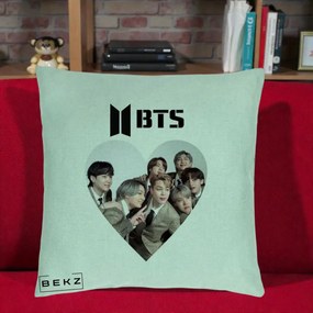 Perna Personalizata K-pop BTS Grup Fotografie in Inima, 40x40 cm, Verde Menta, Husa Detasabila, Perna Inclusa, BEKZ®