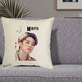 Perna Personalizata K-pop BTS Jimin Portret Artistic Multicolor cu Autograf, 40x40 cm, Ecru, Husa Detasabila, Perna Inclusa, BEKZ®
