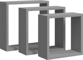 vidaXL Rafturi cub de perete, 3 buc., gri, MDF