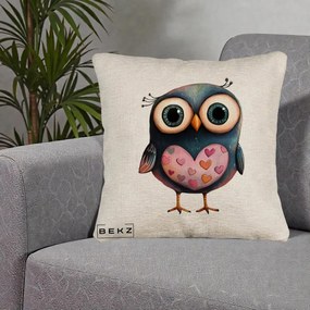 Perna Decorativa Bufnita cu Inimioare Roz, 40x40 cm, Bej Canapea, Husa Detasabila, Perna Inclusa, BEKZ®