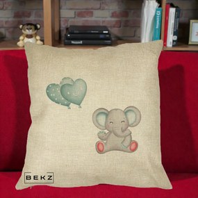 Perna Decorativa Elefant si baloane in forma de inimioare, 40x40 cm, Crem, Husa Detasabila, Perna Inclusa, BEKZ®