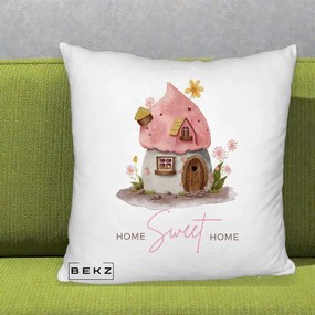 Perna Decorativa Home Sweet Home Casuta, 40x40 cm, Alb Pufos, Husa Detasabila, Perna Inclusa, BEKZ®