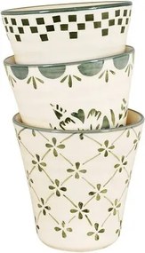 Cană din ceramică artizanală, natur, cu motive florale pictate manual verde și bordură decorativă, fără mâner, 10×10 cm, „Marion"