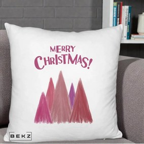 Perna Decorativa Merry Christmas Brazi Roz, 40x40 cm, Alb Pufos, Husa Detasabila, Perna Inclusa, BEKZ®