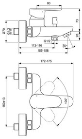 Baterie cada - dus Ideal Standard Cerafine O monocomanda crom lucios