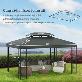 Outsunny Prelata pentru Foisor 4x3 m cu 2 Niveluri, Acoperis pentru Foisor din Poliester Anti UV cu Chingi din Velcro si 10 Orificii de Drenaj, Gri
