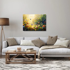 Tablou pe sticlă - Pajiște cu flori de primăvară, pictură (70x50 cm)
