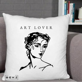 Perna Decorativa Art Lover Portret Grafic, 40x40 cm, Alb Pufos, Husa Detasabila, Perna Inclusa, BEKZ®
