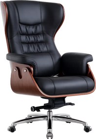 EXECUTIVE IMPERIAL– Scaun Directorial Premium, Tapițerie din Piele PU Calitativă, Furnir Curbat Finisaj Nuc, Funcție de Înclinare și Reglaj pe Înălțime Bază din Aluminiu, Negru