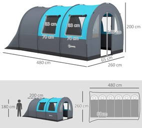 Outsunny Cort de Camping Impermeabil, Cort cu 5 Locuri, Zonă Separată de Dormit și Living, 480x260x200 cm, Gri și Albastru | Aosom Romania