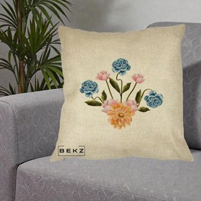 Perna Decorativa Buchet Primavara Acuarela, 40x40 cm, Crem, Husa Detasabila, Perna Inclusa, BEKZ®