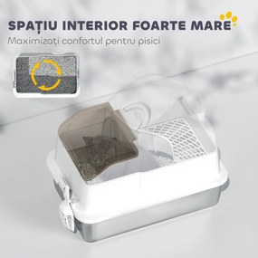 PawHut Litteră Închisă pentru Pisici cu 2 Covorașe și Mâner, Alb și Argintiu | Aosom Romania