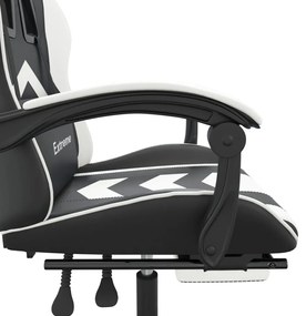 Scaun de gaming cu suport picioare, negru alb, piele ecologica