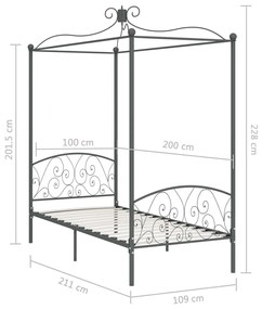 Cadru de pat cu baldachin, gri, 100 x 200 cm, metal Gri, 100 x 200 cm
