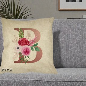 Cadou Personalizat - Perna Personalizata Monograma Rose Gold Litera B, 40x40 cm, Crem, Husa Detasabila, Perna Inclusa, BEKZ®