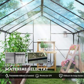 Seră de grădină Outsunny din aluminiu și policarbonat, 7,5㎡, cu ușă cu balamale, 2 ferestre reglabile, sistem de drenaj, anti-UV, 304x247x205cm, negru | Aosom Romania