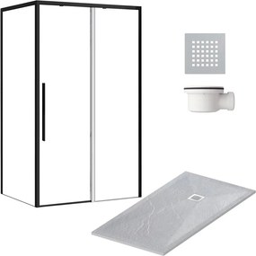 Pachet cabina de dus negru Rea Solar 90x120 cm, cadita pentru dus gri Balneo, sifon cadita si capac cadita gri