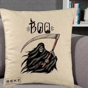Perna Decorativa Halloween Boo Grim Reaper cu Coasa, 40x40 cm, Bej, Husa Detasabila, Perna Inclusa, BEKZ®