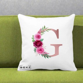 Cadou Personalizat - Perna Personalizata Monograma Rose Gold Litera G, 40x40 cm, Alba Mata, Husa Detasabila, Perna Inclusa, BEKZ®