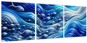 Tablou – Pești în valuri (cu ceas) (90x30 cm)