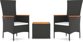 vidaXL Set șezlonguri grădină, 3 piese, negru, poliratan&lemn acacia