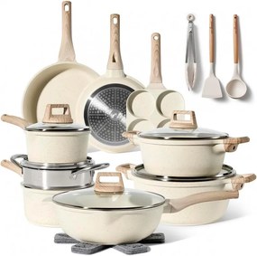 Resigilat: Set oale si tigai Just Perfecto JL-721, 21 piese, Finisaj marmura, Inductie, Oala aburi, Accesorii, Bej