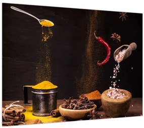 Tablou pe sticlă - Condimente în mișcare (70x50 cm)