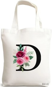 Sacosa de Panza pentru Cumparaturi, Geanta Tote, Cu litera D si Trandafiri, 38x34.5 cm, Alba, BEKZ®
