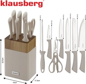 Set cuțite Klausberg KB 7984, 8 piese, Oțel inoxidabil, Ascuțitor, Mâner lemn de salcâm, Bej/lemn