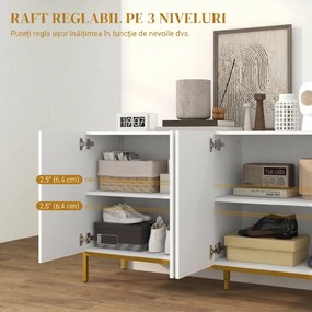 HOMCOM Bufet Modern pentru Living cu 4 Uși și Rafturi Reglabile, Închidere Moale, 140x40x75 cm, Alb | Aosom Romania