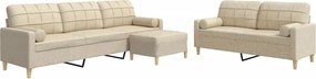 vidaXL Set canapele cu taburet și perne, 3 piese, crem, textil