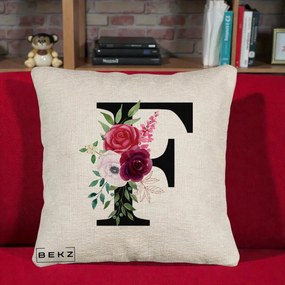 Cadou Personalizat - Perna Personalizata Monograma Florala Litera F, 40x40 cm, Bej Canapea, Husa Detasabila, Perna Inclusa, BEKZ®