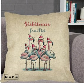 Perna Decorativa Flamingo Craciun Sarbatoarea Familiei, 40x40 cm, Crem, Husa Detasabila, Perna Inclusa, BEKZ®