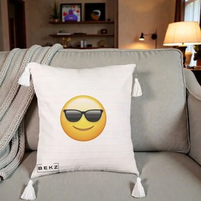 Perna Decorativa Emoji Cool Ochelari, 40x40 cm, Bej cu Franjuri, Husa Detasabila, Perna Inclusa, BEKZ®